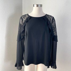 White House Black Market Womens Large Black Lace Shoulder Blouse Long Sleeve Top